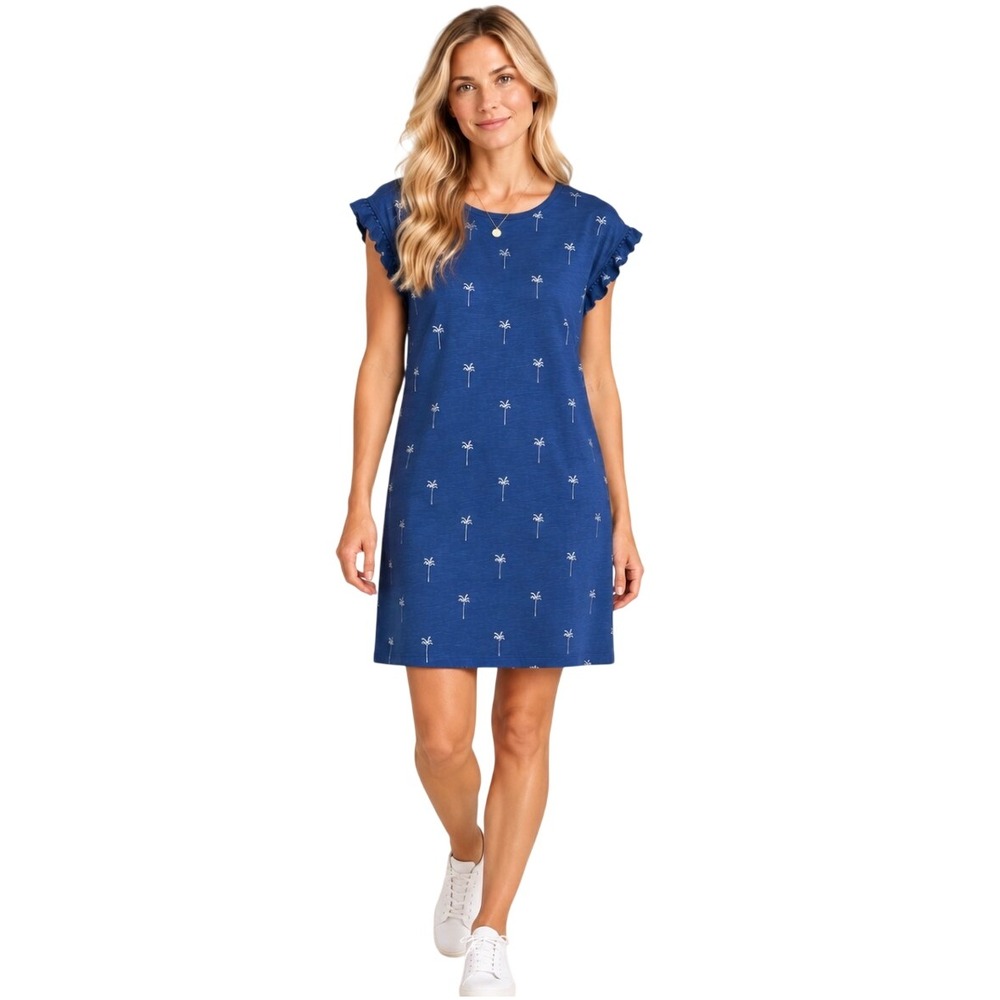 NWT Boden Women Blue Palm Tree Print Ruffle Sleeve Jersey T-Shirt Dress US 14L